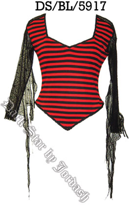 Black/red stripe blouse with cobweb net sleeves