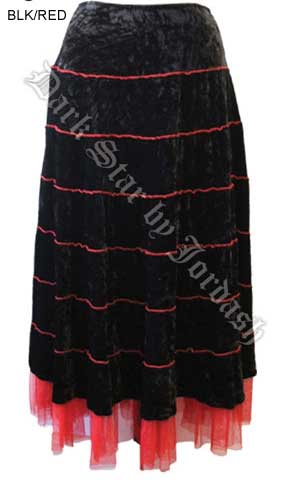 Black velvet long skirt with red overlock - Click Image to Close